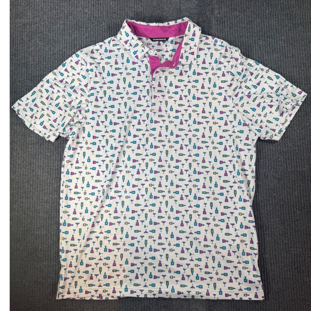 Coobigdog Mens Large Polo Shirt White Cocktail Bottle Print Short Sleeve Golf